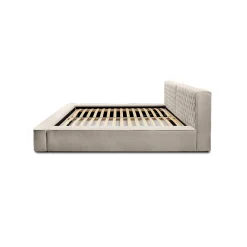 Lit coffre VERNON Tissu chenille bouclé Sable rosé 140x200 cm Sommier relevable Design haut de gamme><noscript><img width=