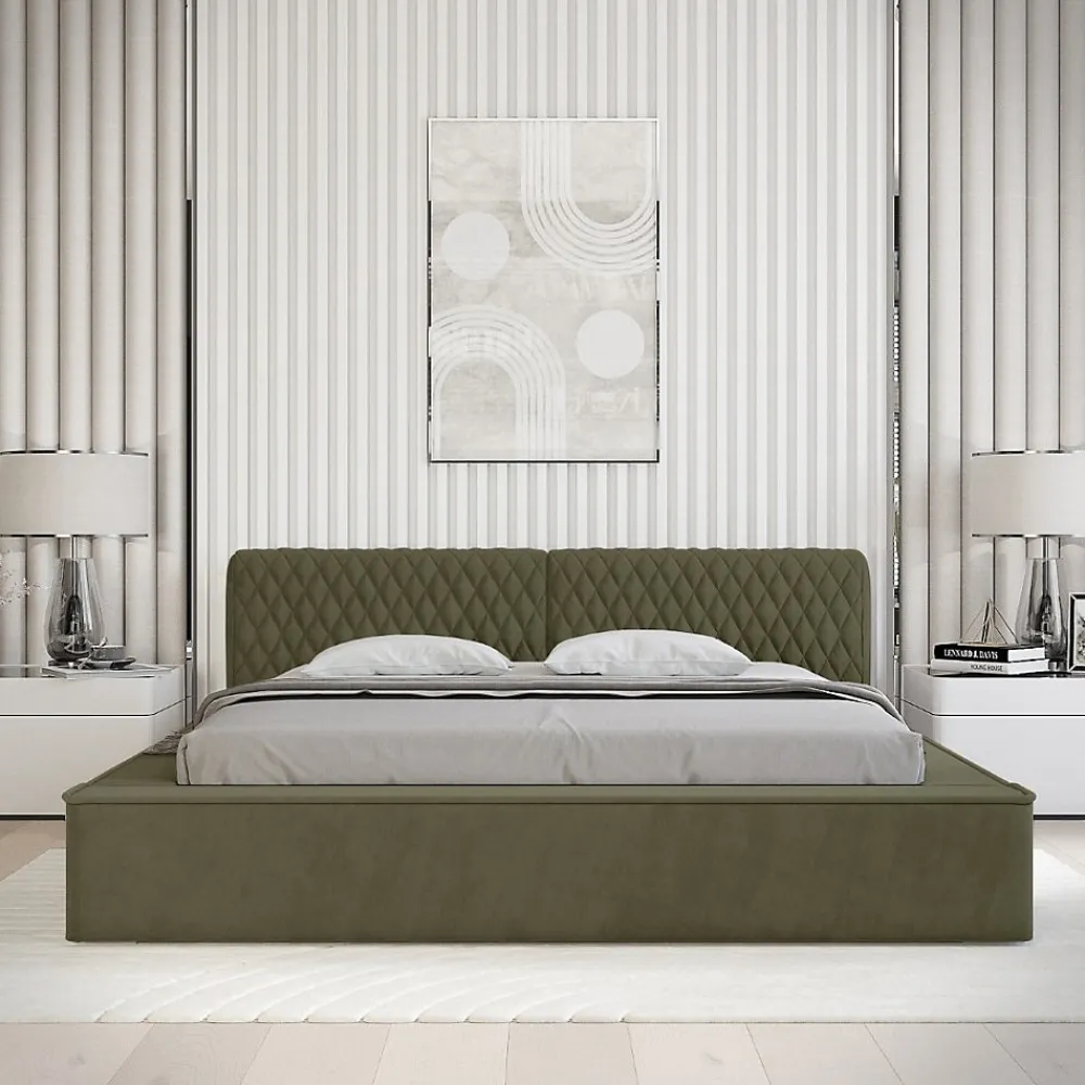 Lit coffre VERNON Tissu chenille bouclé Feuille dolivier 140x200 cm Sommier relevable Design haut de gamme>Meublorama Outlet