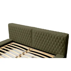 Lit coffre VERNON Tissu chenille bouclé Feuille dolivier 140x200 cm Sommier relevable Design haut de gamme><noscript><img width=