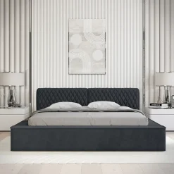 Lit coffre VERNON Tissu chenille bouclé Charbon bleu 180x200 cm Sommier relevable Design haut de gamme>Meublorama Sale