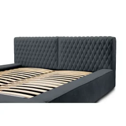 Lit coffre VERNON Tissu chenille bouclé Charbon bleu 180x200 cm Sommier relevable Design haut de gamme><noscript><img width=