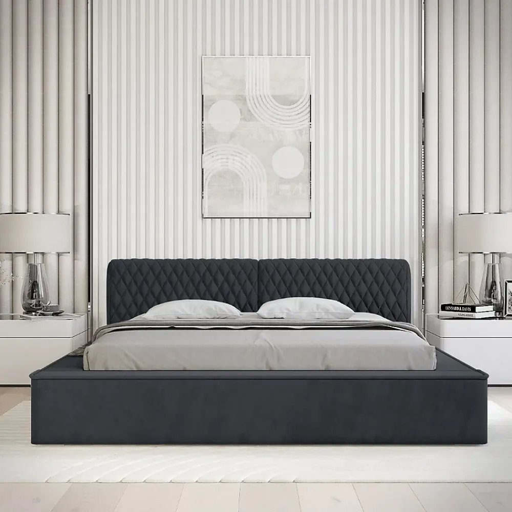 Meublorama Lit coffre VERNON Tissu chenille bouclé Charbon bleu 160x200 cm Sommier relevable Design haut de gamme* Lit Double