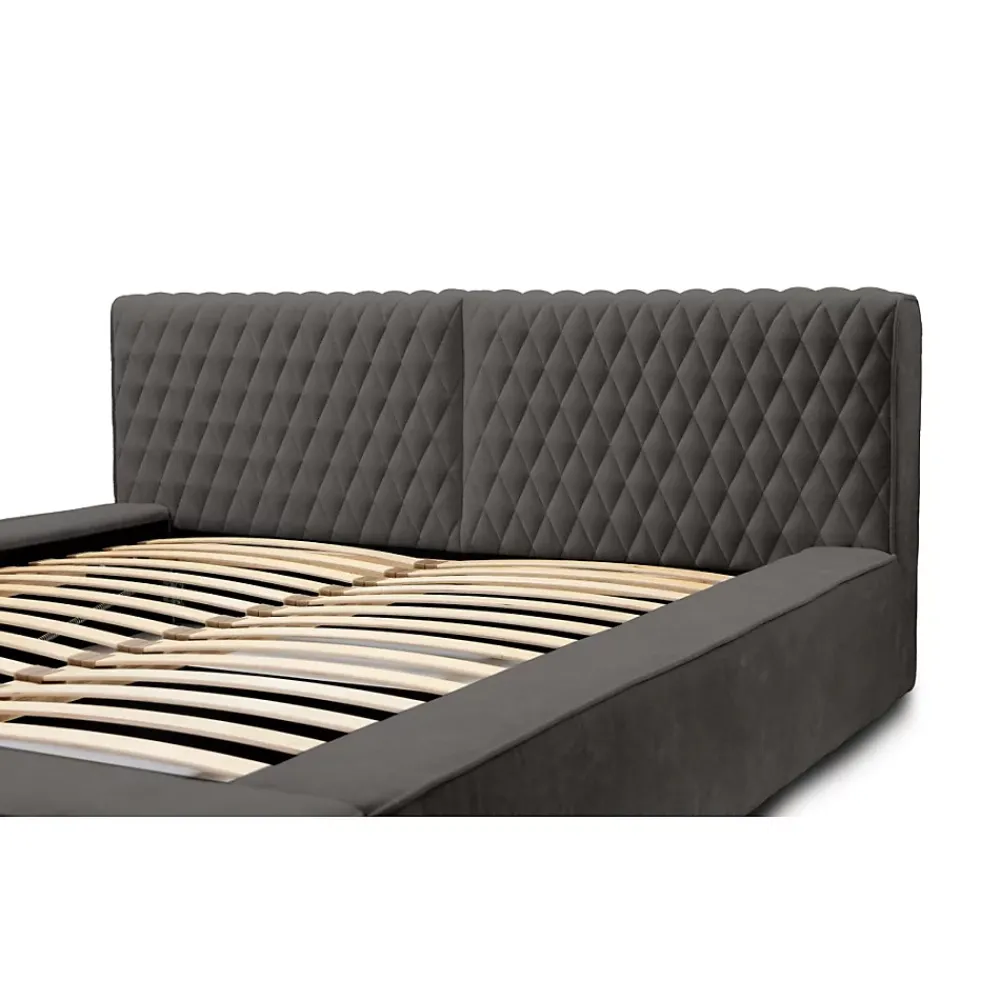Meublorama Lit coffre VERNON Tissu chenille bouclé Anthracite profond 140x200 cm Sommier relevable Design haut de gamme* Lit Double