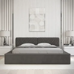 Meublorama Lit coffre VERNON Tissu chenille bouclé Anthracite profond 140x200 cm Sommier relevable Design haut de gamme* Lit Double