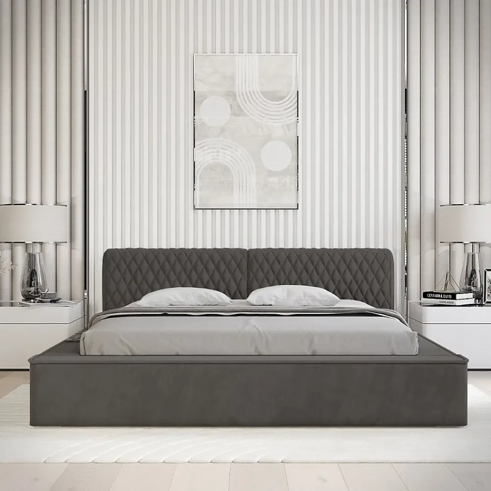 Meublorama Lit coffre VERNON Tissu chenille bouclé Anthracite profond 140x200 cm Sommier relevable Design haut de gamme* Lit Double