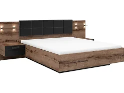Lit coffre 160x200 + 2 tables de chevet éclairage LED avec sommier et rangement coloris Chêne marron foncé/Chêne noir>Pegane Clearance