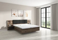 Lit coffre 160x200 + 2 tables de chevet éclairage LED avec sommier et rangement coloris Chêne marron foncé/Chêne noir>Pegane Clearance