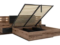 Lit coffre 160x200 + 2 tables de chevet éclairage LED avec sommier et rangement coloris Chêne marron foncé/Chêne noir><noscript><img width=