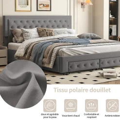 Generique Lit coffre 180x200 avec 2 tiroirs, Lit rembourré avec sommier à lattes, tissu en velours et décoration de boutons, gris* Lit Simple
