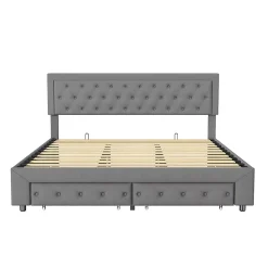 Generique Lit coffre 180x200 avec 2 tiroirs, Lit rembourré avec sommier à lattes, tissu en velours et décoration de boutons, gris* Lit Simple