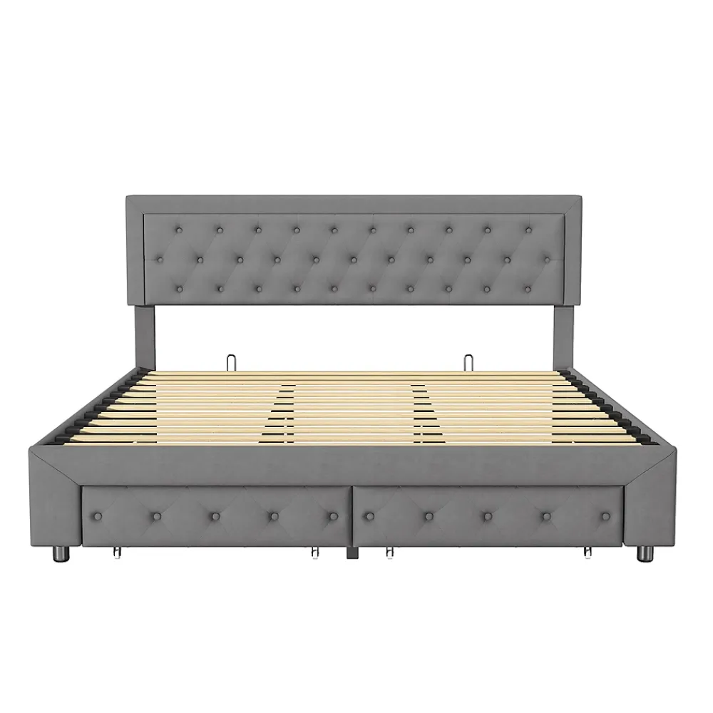 Generique Lit coffre 180x200 avec 2 tiroirs, Lit rembourré avec sommier à lattes, tissu en velours et décoration de boutons, gris* Lit Simple