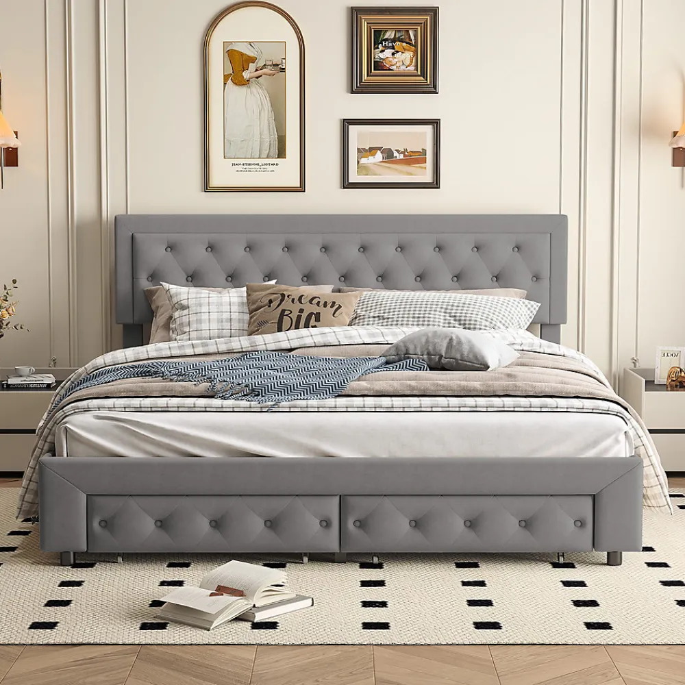 Generique Lit coffre 180x200 avec 2 tiroirs, Lit rembourré avec sommier à lattes, tissu en velours et décoration de boutons, gris* Lit Simple
