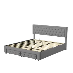 Generique Lit coffre 180x200 avec 2 tiroirs, Lit rembourré avec sommier à lattes, tissu en velours et décoration de boutons, gris* Lit Simple