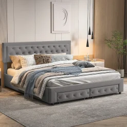 Generique Lit coffre 180x200 avec 2 tiroirs, Lit rembourré avec sommier à lattes, tissu en velours et décoration de boutons, gris* Lit Simple
