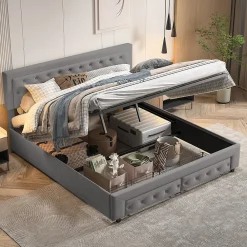 Generique Lit coffre 180x200 avec 2 tiroirs, Lit rembourré avec sommier à lattes, tissu en velours et décoration de boutons, gris* Lit Simple