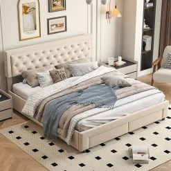 ProximaX Lit coffre 160x200 avec 2 tiroirs, Lit rembourré avec sommier à lattes, tissu en velours et décoration de boutons, beige* Lit Coffre