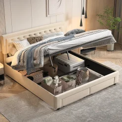 ProximaX Lit coffre 160x200 avec 2 tiroirs, Lit rembourré avec sommier à lattes, tissu en velours et décoration de boutons, beige* Lit Coffre