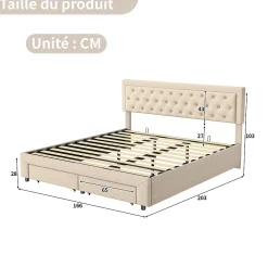 ProximaX Lit coffre 160x200 avec 2 tiroirs, Lit rembourré avec sommier à lattes, tissu en velours et décoration de boutons, beige* Lit Coffre