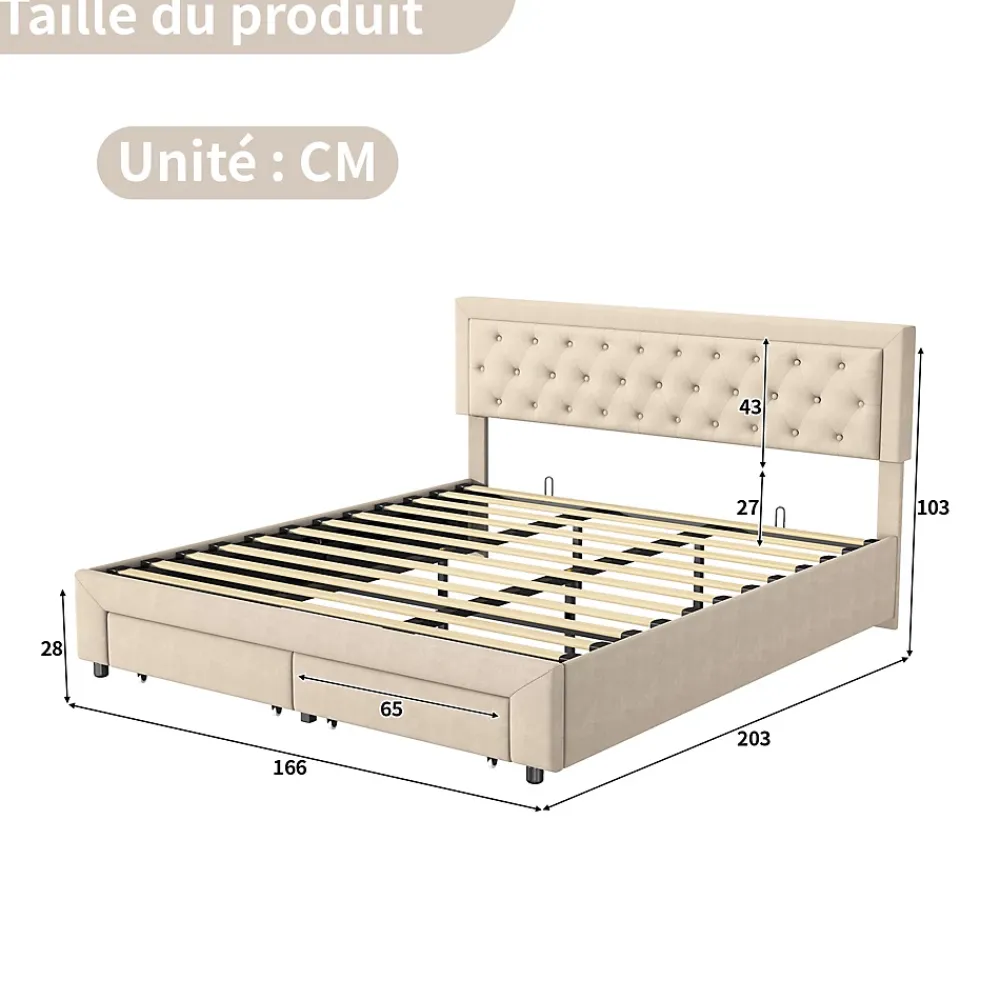 ProximaX Lit coffre 160x200 avec 2 tiroirs, Lit rembourré avec sommier à lattes, tissu en velours et décoration de boutons, beige* Lit Coffre