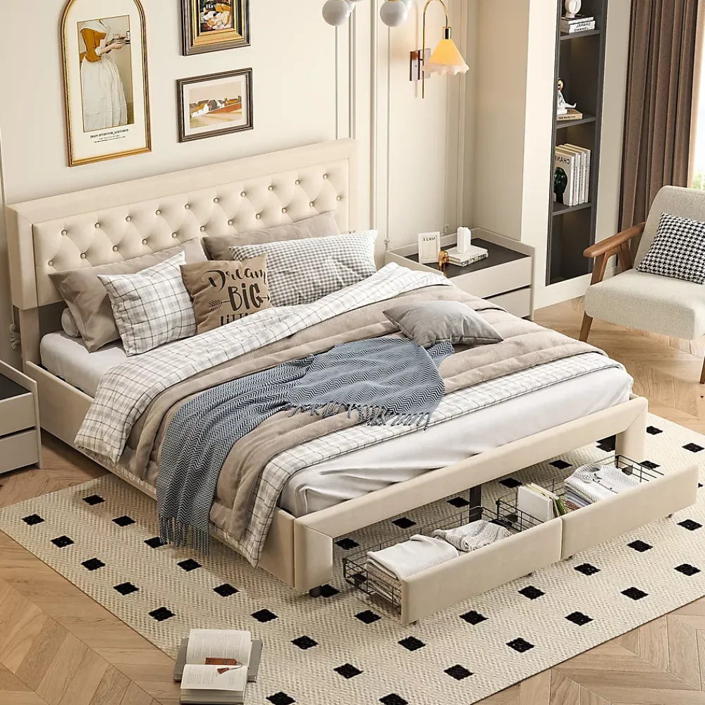 ProximaX Lit coffre 160x200 avec 2 tiroirs, Lit rembourré avec sommier à lattes, tissu en velours et décoration de boutons, beige* Lit Coffre