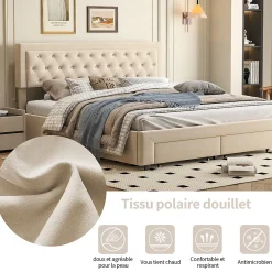 ProximaX Lit coffre 160x200 avec 2 tiroirs, Lit rembourré avec sommier à lattes, tissu en velours et décoration de boutons, beige* Lit Coffre