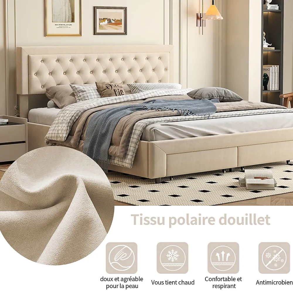 ProximaX Lit coffre 160x200 avec 2 tiroirs, Lit rembourré avec sommier à lattes, tissu en velours et décoration de boutons, beige* Lit Coffre