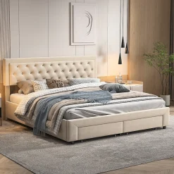 ProximaX Lit coffre 160x200 avec 2 tiroirs, Lit rembourré avec sommier à lattes, tissu en velours et décoration de boutons, beige* Lit Coffre