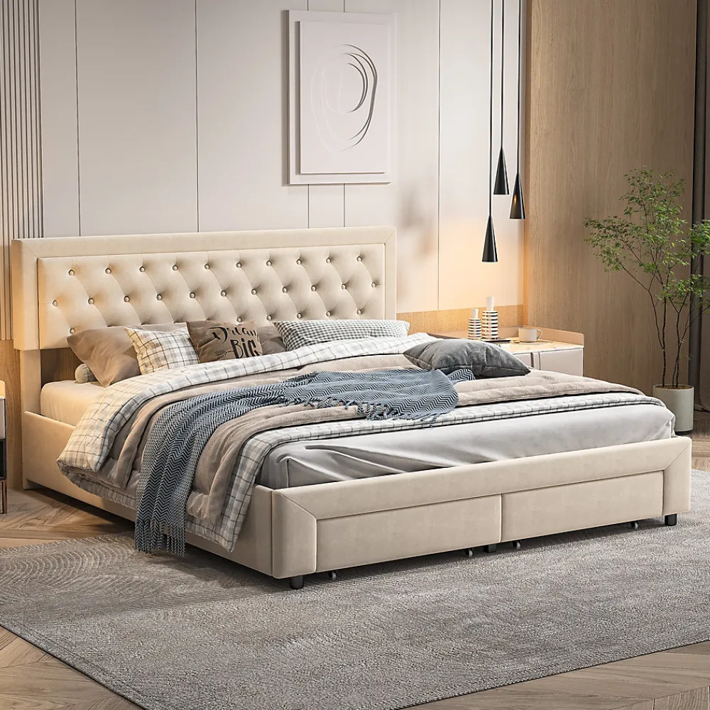 ProximaX Lit coffre 160x200 avec 2 tiroirs, Lit rembourré avec sommier à lattes, tissu en velours et décoration de boutons, beige* Lit Coffre