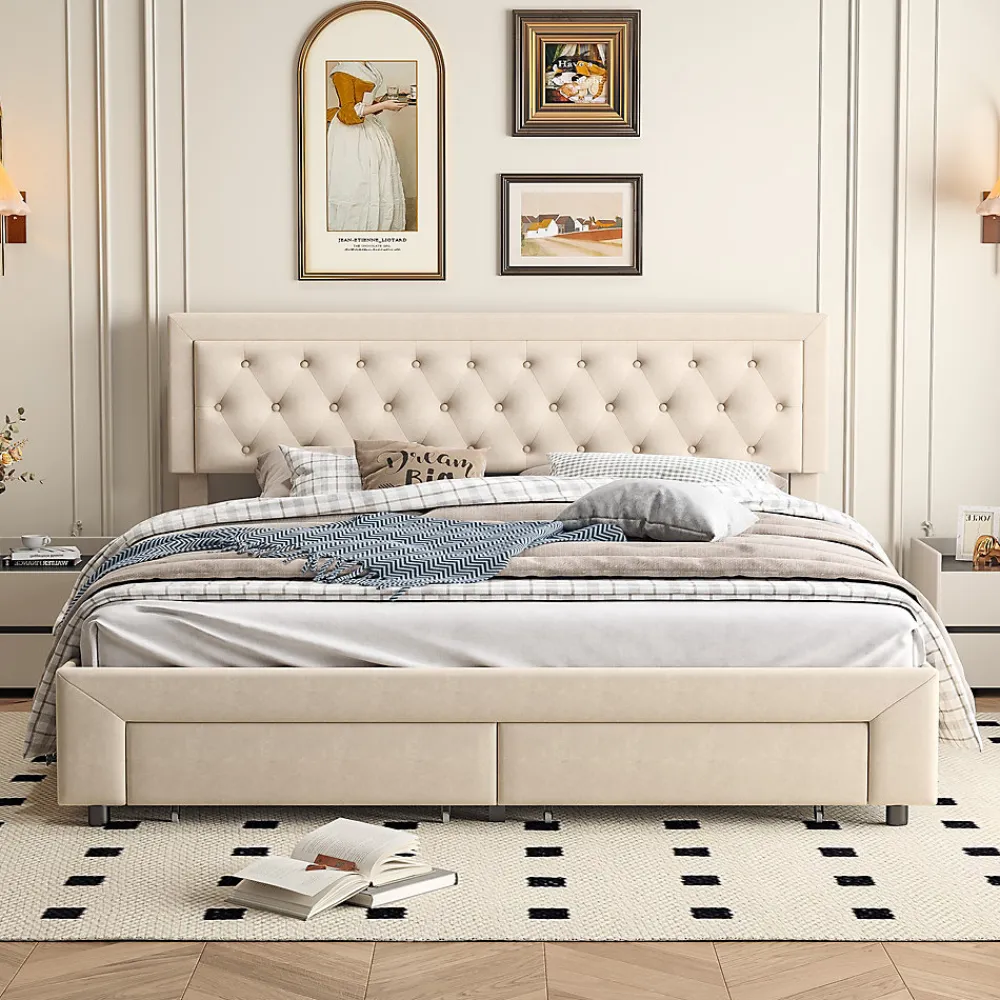 ProximaX Lit coffre 160x200 avec 2 tiroirs, Lit rembourré avec sommier à lattes, tissu en velours et décoration de boutons, beige* Lit Coffre