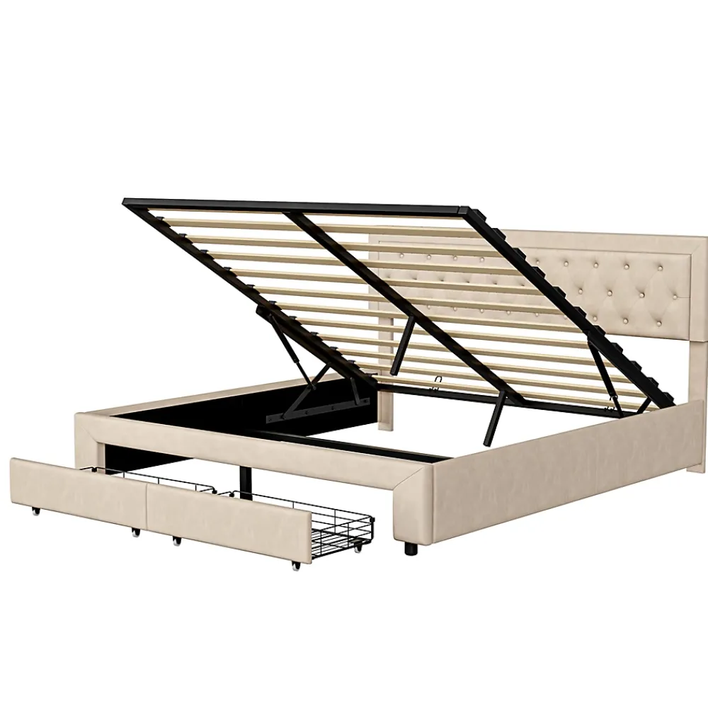 ProximaX Lit coffre 160x200 avec 2 tiroirs, Lit rembourré avec sommier à lattes, tissu en velours et décoration de boutons, beige* Lit Coffre