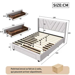 Simple Life Lit coffre 160x200 avec 3 tiroirs, lit tapissé avec sommier à lattes, lit double, beige* Lit Coffre