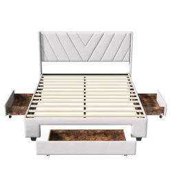 Simple Life Lit coffre 160x200 avec 3 tiroirs, lit tapissé avec sommier à lattes, lit double, beige* Lit Coffre