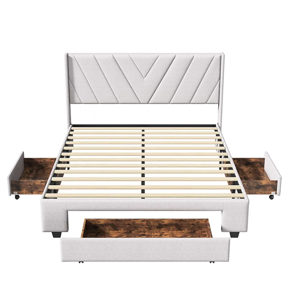 Simple Life Lit coffre 160x200 avec 3 tiroirs, lit tapissé avec sommier à lattes, lit double, beige* Lit Coffre
