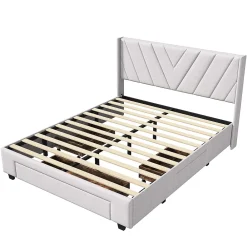 Simple Life Lit coffre 160x200 avec 3 tiroirs, lit tapissé avec sommier à lattes, lit double, beige* Lit Coffre