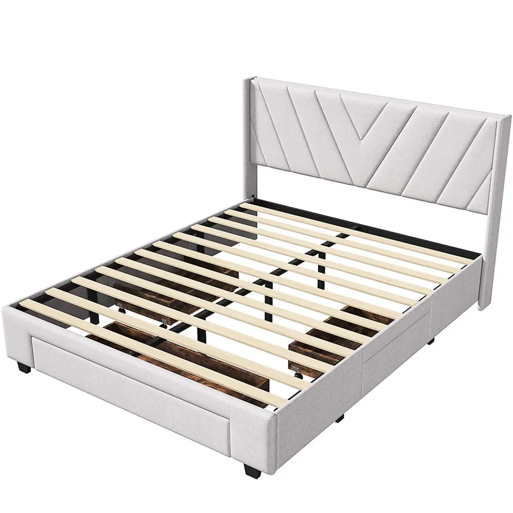 Simple Life Lit coffre 160x200 avec 3 tiroirs, lit tapissé avec sommier à lattes, lit double, beige* Lit Coffre