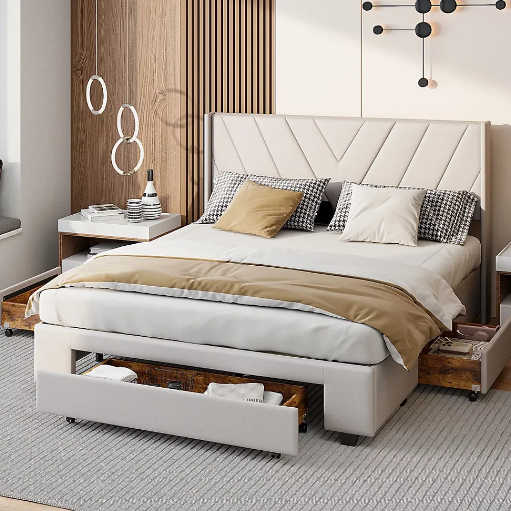 Simple Life Lit coffre 160x200 avec 3 tiroirs, lit tapissé avec sommier à lattes, lit double, beige* Lit Coffre