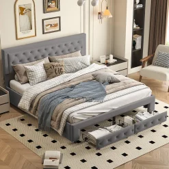 Lit coffre 160x200 avec 2 tiroirs, Lit rembourré avec sommier à lattes, tissu en velours et décoration de boutons, gris>Generique Clearance