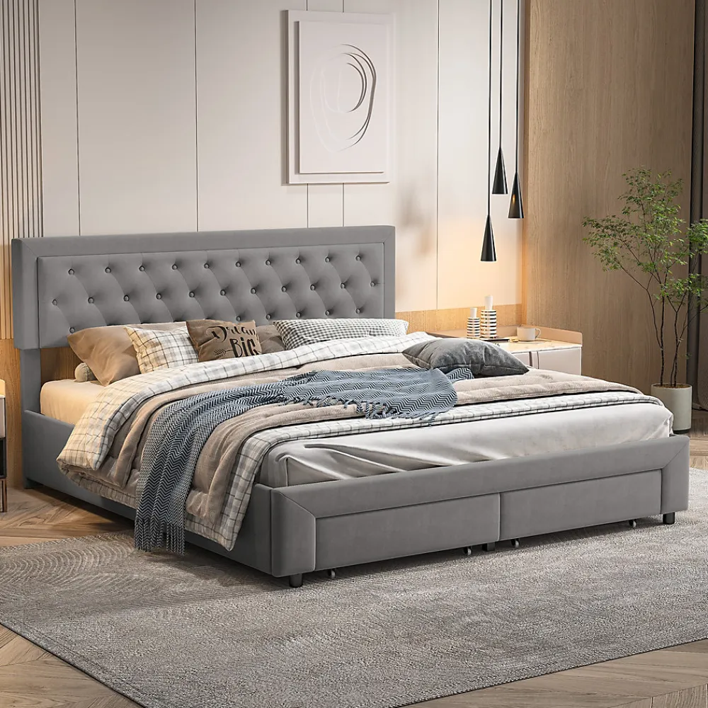 Lit coffre 160x200 avec 2 tiroirs, Lit rembourré avec sommier à lattes, tissu en velours et décoration de boutons, gris>Generique Clearance