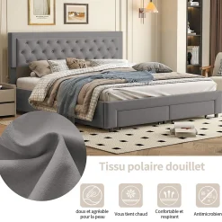 Lit coffre 160x200 avec 2 tiroirs, Lit rembourré avec sommier à lattes, tissu en velours et décoration de boutons, gris><noscript><img width=