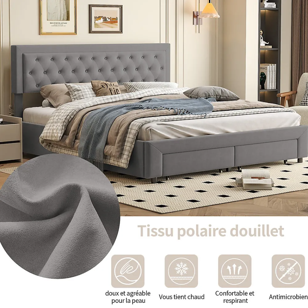 Lit coffre 160x200 avec 2 tiroirs, Lit rembourré avec sommier à lattes, tissu en velours et décoration de boutons, gris>Generique Clearance