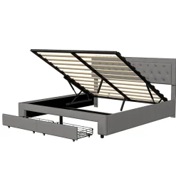 Lit coffre 160x200 avec 2 tiroirs, Lit rembourré avec sommier à lattes, tissu en velours et décoration de boutons, gris><noscript><img width=