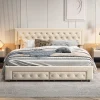 Lit coffre 160x200 avec 2 tiroirs, Lit rembourré avec sommier à lattes, tissu en velours et décoration de boutons, beige>Generique Sale
