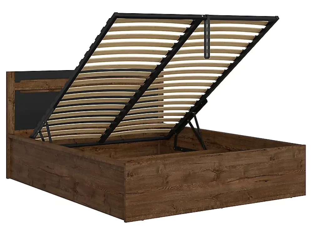 Pegane Lit coffre 140x200 avec cadre sommier et rangement,,coloris Chêne foncé/Noir mat - L. 205,5 x P. 149,5 x H. 41-96,5 cm* Lit Coffre