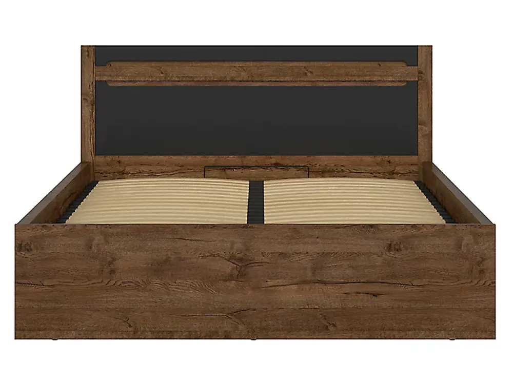 Pegane Lit coffre 140x200 avec cadre sommier et rangement,,coloris Chêne foncé/Noir mat - L. 205,5 x P. 149,5 x H. 41-96,5 cm* Lit Coffre