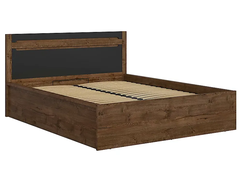 Pegane Lit coffre 140x200 avec cadre sommier et rangement,,coloris Chêne foncé/Noir mat - L. 205,5 x P. 149,5 x H. 41-96,5 cm* Lit Coffre