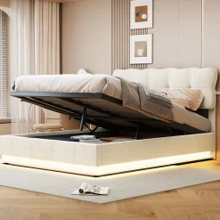 Lit Coffre 160x200 avec éclairage LED, Lit capitonné avec Sommier à Lattes, Velours, Beige>Simple Life Sale