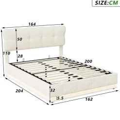 Lit Coffre 160x200 avec éclairage LED, Lit capitonné avec Sommier à Lattes, Velours, Beige><noscript><img width=