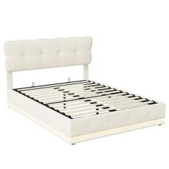 Lit Coffre 160x200 avec éclairage LED, Lit capitonné avec Sommier à Lattes, Velours, Beige><noscript><img width=