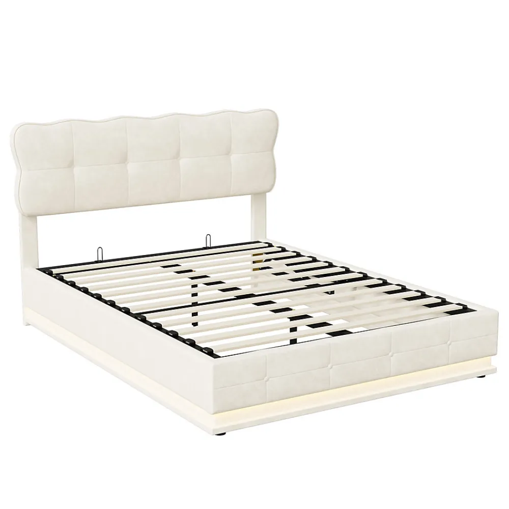 Lit Coffre 160x200 avec éclairage LED, Lit capitonné avec Sommier à Lattes, Velours, Beige>Simple Life Sale
