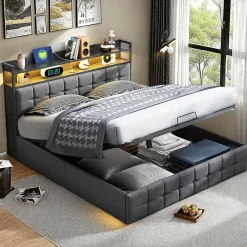 Lit Coffre 160x200 avec Rangement, LED, Sommier à Lattes, Prises USB/Type-C, Lit Double en Lin, Gris>ProximaX Clearance
